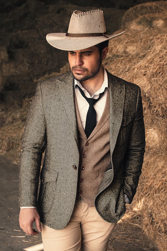Home Fashionable man in a cowboy hat and jacket posed against hay bales, showing rustic style.